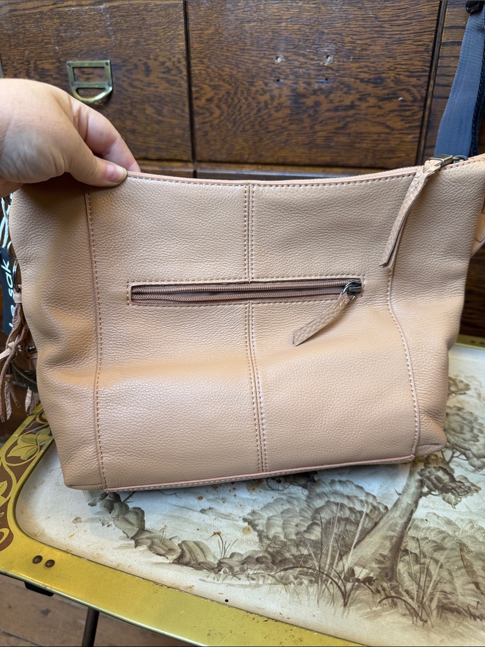 The Sak Almeda Tan Leather Shoulder Bag with Front Zip Pocket